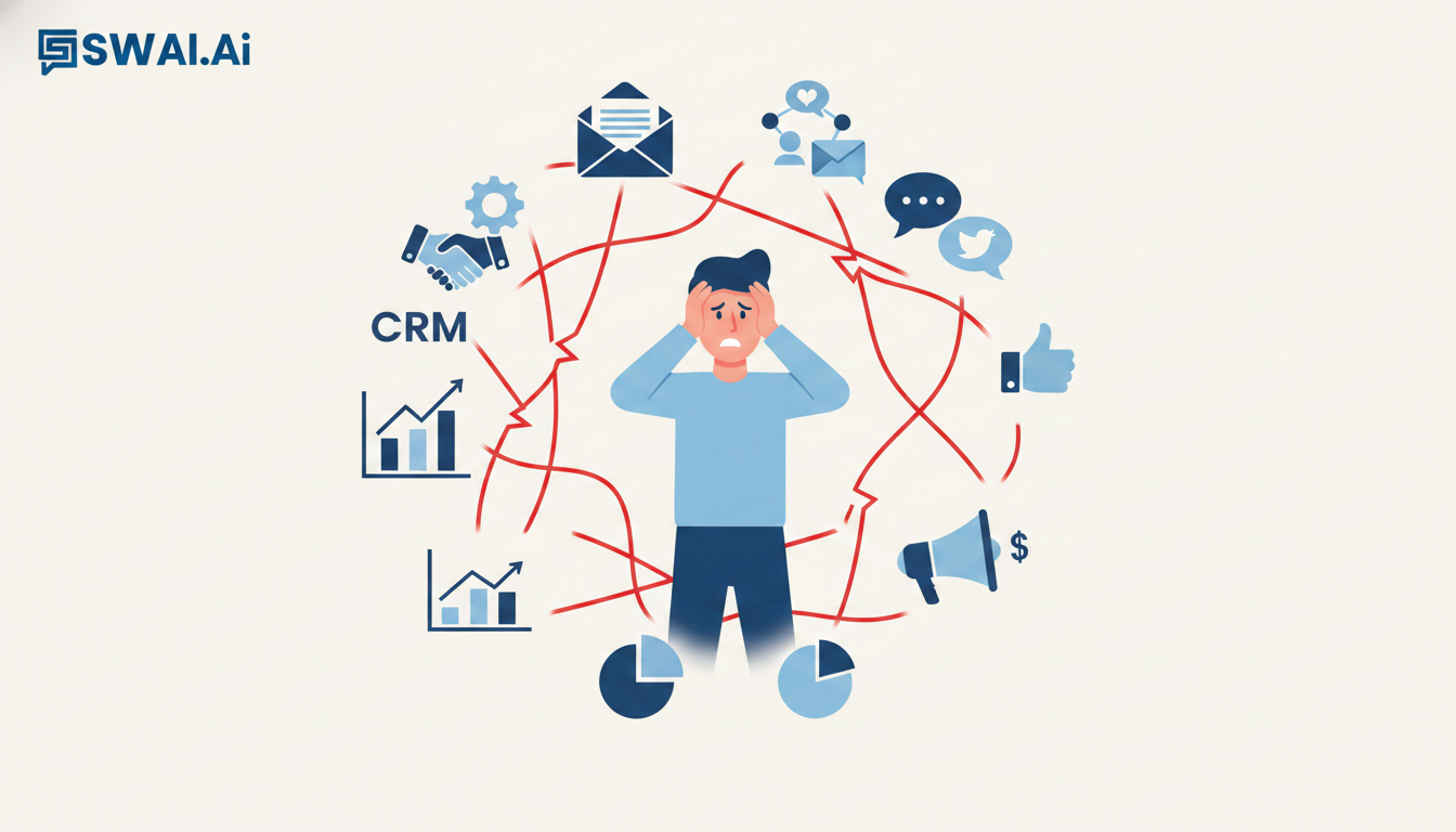 An infographic illustrating a fragmented marketing tech stack for an agency. Show disconnected icons for CRM, email, social media, ads, and analytics, with tangled, broken red lines connecting them. A frustrated business person is in the middle, looking overwhelmed. Use a clean, modern style with brand colors. Aspect ratio: 16:9.