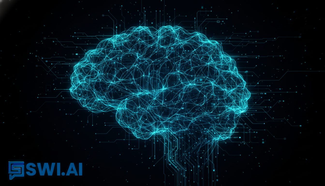 An abstract digital art piece representing an AI-native self-correcting infrastructure. Show luminous, flowing lines of data creating a cohesive, brain-like network that glows from within. The overall feeling should be one of intelligence, efficiency, and autonomous power. Use brand colors of teal and blue against a dark background. Aspect ratio: 16:9.