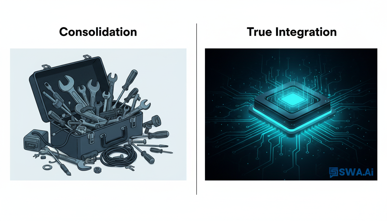A split-screen illustration comparing two concepts. On the left, labeled 'Consolidation', show a cluttered toolbox filled with various separate tools. On the right, labeled 'True Integration', show a single, sleek, unified engine with glowing, interconnected parts. The right side should look more efficient and advanced. Aspect ratio: 16:9.