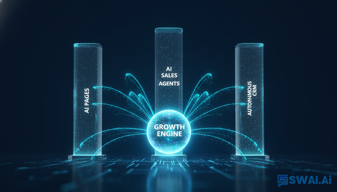 A clean, modern illustration showing three interconnected pillars labeled 'AI Pages,' 'AI Sales Agents,' and 'Autonomous CRM.' Digital energy flows between them, converging into a central, glowing core labeled 'Growth Engine.' The style is sleek and technical, using brand colors #123852, #36d1cb, and #4f92ca. Aspect ratio: 16:9.