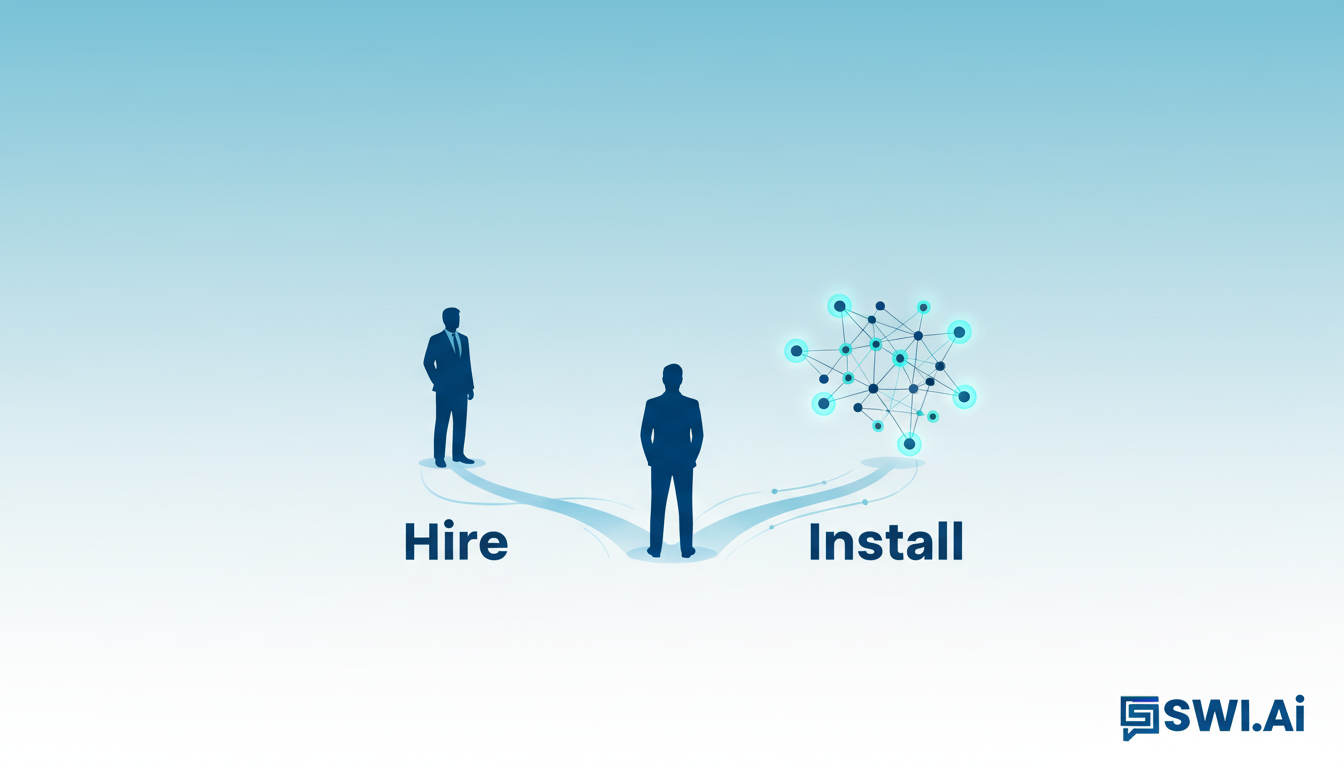 A clean, stylized illustration depicting a fork in the road for a business founder. One path leads to a silhouette of a person in a suit labeled 'Hire'. The other path leads to an interconnected network of glowing digital nodes labeled 'Install'. The overall style is modern and minimalist. Aspect ratio: 16:9.