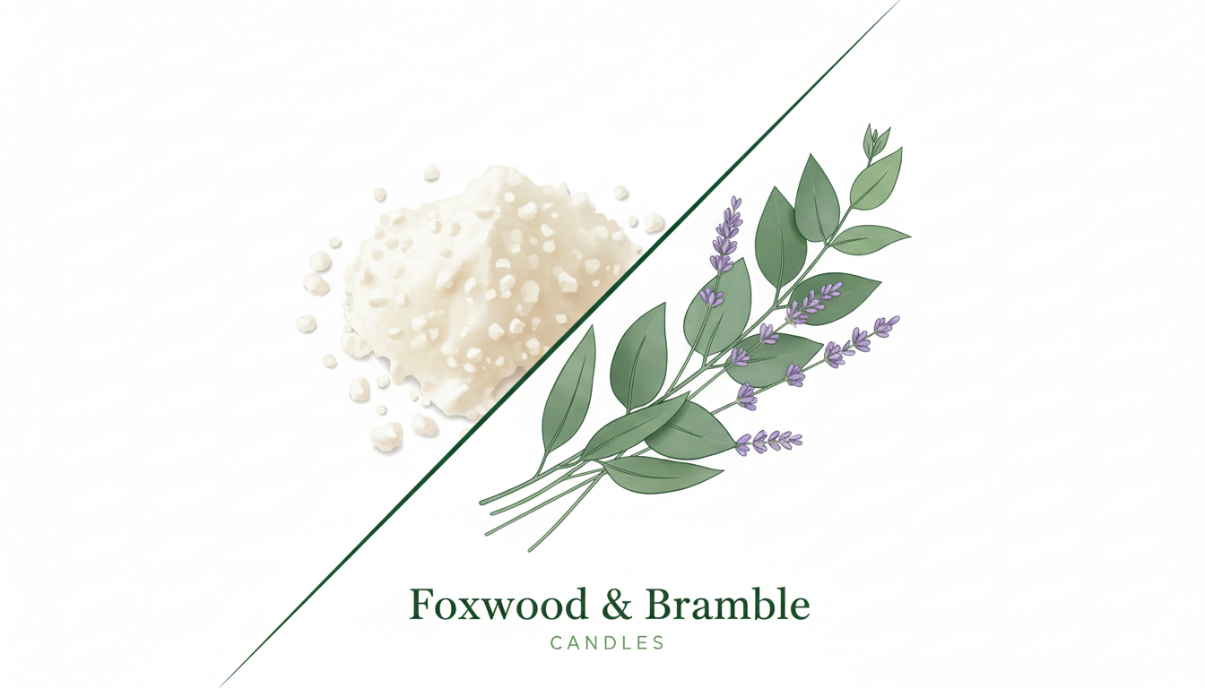 A minimalist, elegant illustration showcasing the natural ingredients of Foxwood & Bramble candles. Feature a mound of creamy soy wax flakes on one side and sprigs of lavender and eucalyptus on the other. The style should be clean and artistic, using brand colors #2e4431 and #ffffff. Aspect ratio: 4:3.