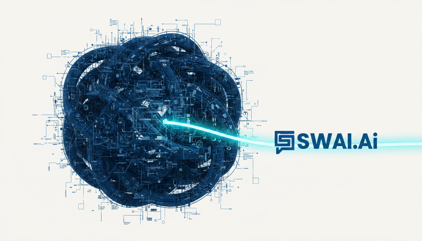 An abstract digital illustration of a complex, tangled knot made of dark blue data streams and process lines, representing chaos. A single, clean, glowing cyan line is beginning to unravel the knot, symbolizing a path to clarity and efficiency. The background is a soft off-white. Aspect ratio: 16:9.