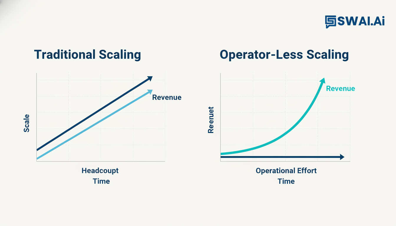 A clean and modern infographic comparing two growth models. On the left, 'Traditional Scaling' shows a linear graph where 'Headcount' and 'Revenue' lines rise together. On the right, 'Operator-Less Scaling' shows an exponential 'Revenue' curve steeply rising while the 'Operational Effort' line remains flat. Use brand colors, with a focus on the teal for the growth curve. Aspect ratio: 16:9.