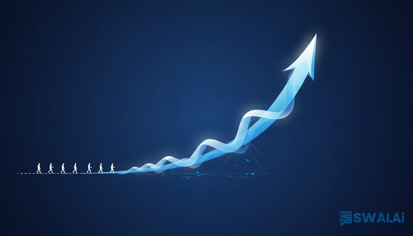 An abstract illustration showing two growth paths. One is a straight, linear line with human icons placed along it, representing linear growth. The other is an exponential curve, sleek and powerful, representing infrastructure-led growth. The background is dark blue, with accents in light blue and white. Aspect ratio: 16:9.