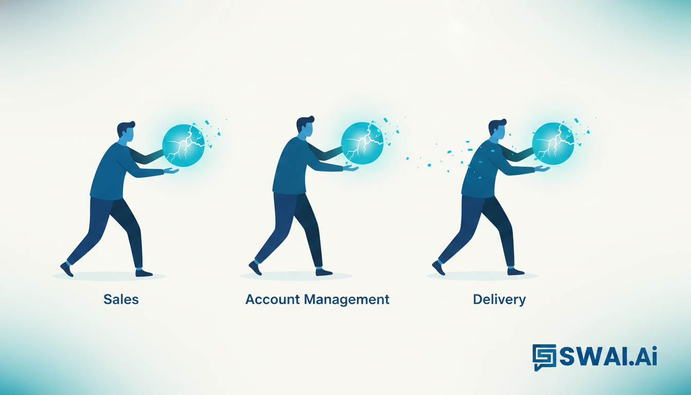 A clean, modern business illustration showing a glowing piece of information being passed between three silhouetted figures representing sales, account management, and delivery. With each handoff, the glowing information cracks and loses small pieces, symbolizing the loss of crucial client details. Use brand colors #123852, #36d1cb, and #f6f4f2. Aspect ratio: 4:3.