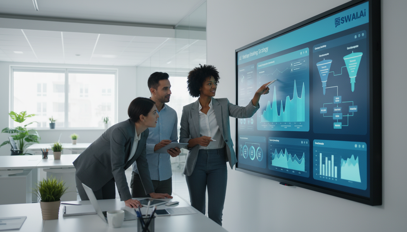 A realistic photograph of a small, diverse team of three marketing professionals collaborating around a digital whiteboard in a bright, modern office. They are pointing at complex strategy diagrams, looking engaged and confident, not stressed or overworked. The atmosphere is professional and innovative. Aspect ratio: 16:9.