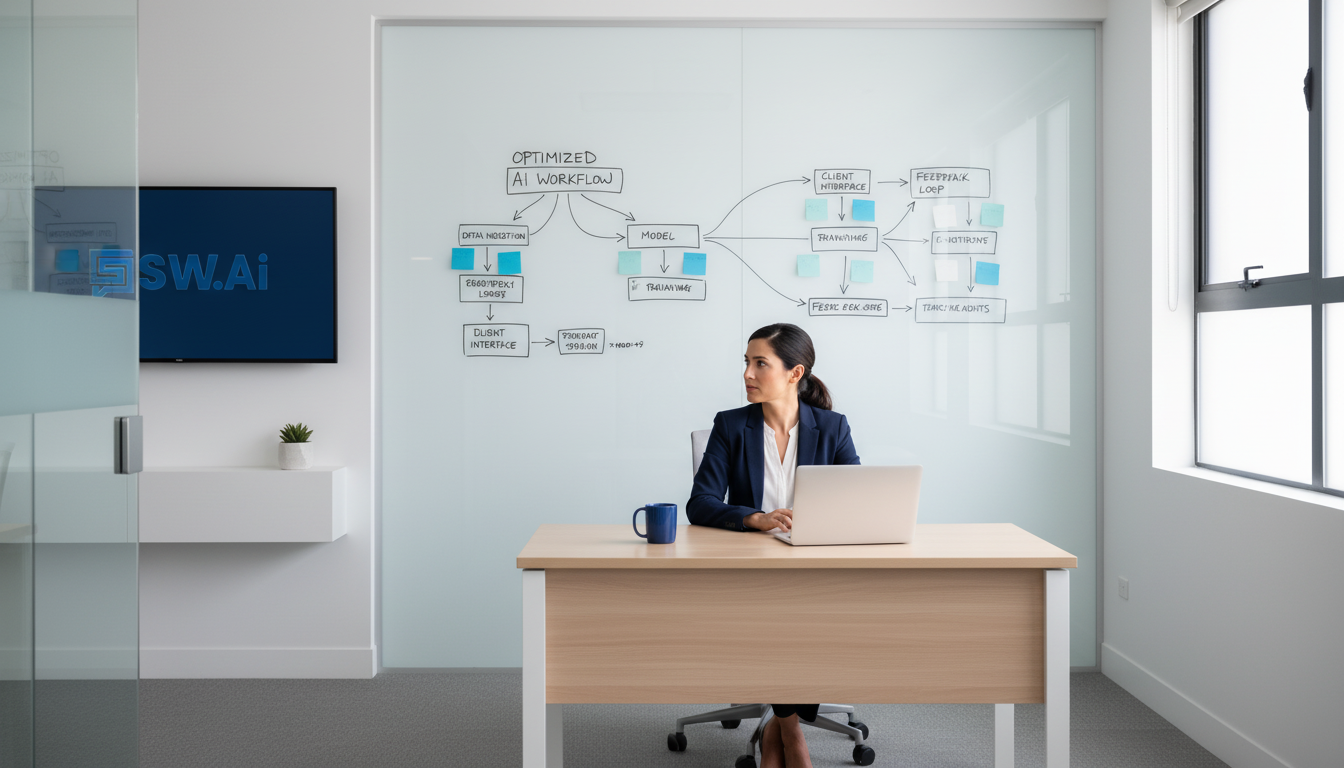 A realistic, professional photo of an agency founder sitting in a modern office, looking thoughtfully at a whiteboard covered in sticky notes and diagrams representing a complex workflow. The tone is pensive but determined, not stressed. The office has clean lines and uses colors that complement the brand palette. Aspect ratio: 16:9.