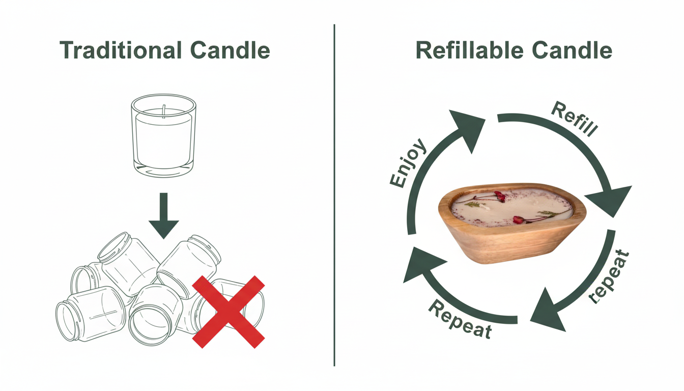A clean and modern infographic comparing a 'Traditional Candle' path to a 'Refillable Candle' path. The traditional side shows a candle, an arrow to a pile of discarded glass jars with a red X symbolizing waste. The refillable side shows a single wooden bowl with a cycle of arrows indicating 'Enjoy', 'Refill', 'Repeat'. Use brand colors #2e4431 and #ffffff. Aspect ratio: 1:1.