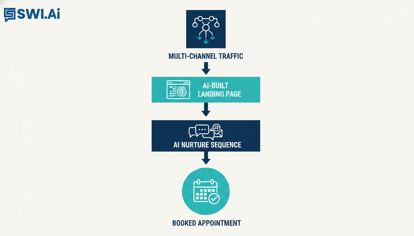 A clean, modern infographic visualizing an autonomous client acquisition funnel. It shows icons for 'Multi-Channel Traffic' at the top, leading down to 'AI-Built Landing Page,' then 'AI Nurture Sequence,' and finally ending with a 'Booked Appointment' icon on a calendar. The design should use the brand's primary colors, #123852 and #36d1cb, against an off-white background. Aspect ratio: 1:1.