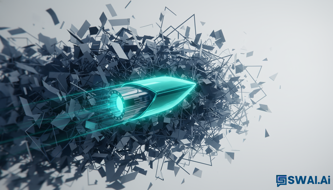 An abstract illustration depicting competitive advantage. A single, glowing, streamlined shape in teal (#36d1cb) is shown moving swiftly and effortlessly, while in the background, a chaotic tangle of dark blue (#123852) and grey lines and broken shapes represents competitors stuck in complexity. The image should evoke speed, efficiency, and a clear structural advantage. Aspect ratio: 16:9.